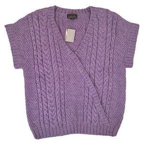 NWT‎ Classic Alpaca Women's L Lilac Mélange Short Sleeve Cable Pullover Sweater